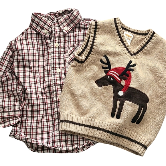 Gymboree Boys 12-18 Months Red Plaid Shirt and Tan Reindeer Vest Christmas - Picture 1 of 6